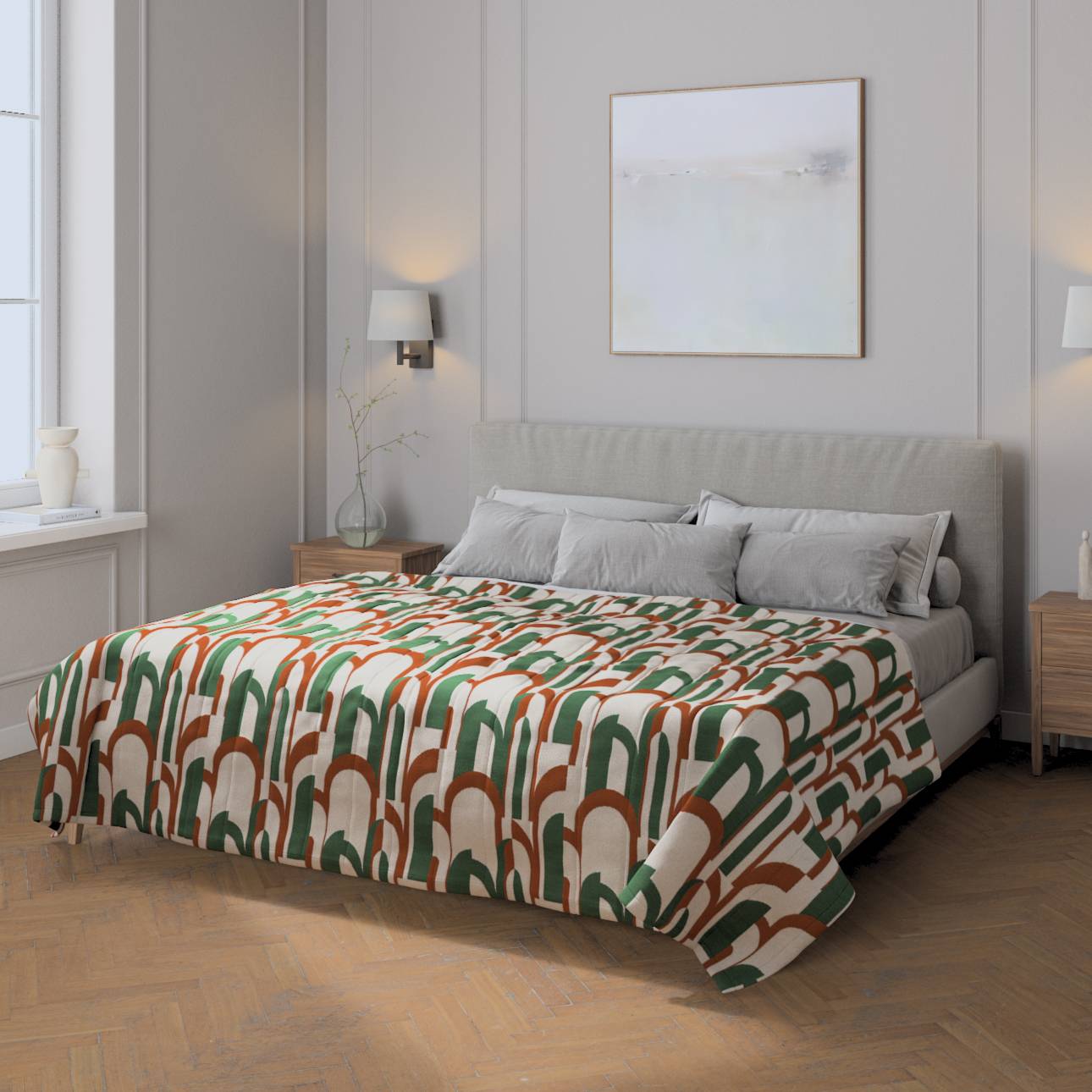 Överkast Quiltat/ränder, Boucle naturvit grön og terracotta, Cosy Home