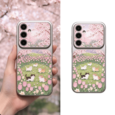 Stort fönster Vårkörsbärsblom Tulip Katt Mobilskal, läkande japansk illustrationsstil, rosa körsbärsblommor och tulpaner på grönt gräs med söta kattun - Silver (Multi-size)