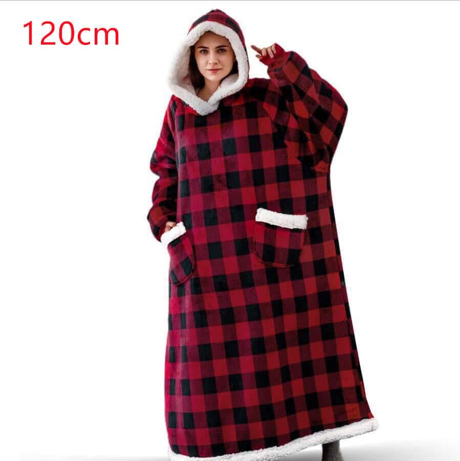Oversized TV Hoodie Blanket Winter Warm Wearable Fleece - 120cm red black grid / One Size