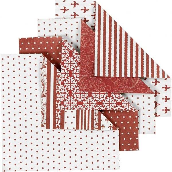 Origamipapper - röd/vit - 10 x 10 cm - 50 ark