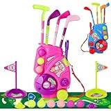 deAO Golfklubbor för barn, bärbart golfset för småbarn med 4 klubbar, 6 bollar, 2 hål, 2 flaggor, inomhus utomhus trädgård leksaker golfset för pojkar flickor 3, 4, 5, 6, 7 8 år (rosa)