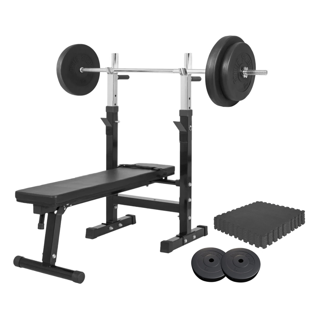Bänkpress BLACK/WHITE Skivstång 60kg Gymgolv - Vit / Blå