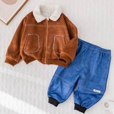 2st/set Baby pojkar/tjejer Tjock sherpakrage jacka och resår midja Blå byxdress, varm vinter outfit för utomhus, skidåkning - Multifärgad (6-9M,9-12M,12-18M,18-24M,2-3Y)