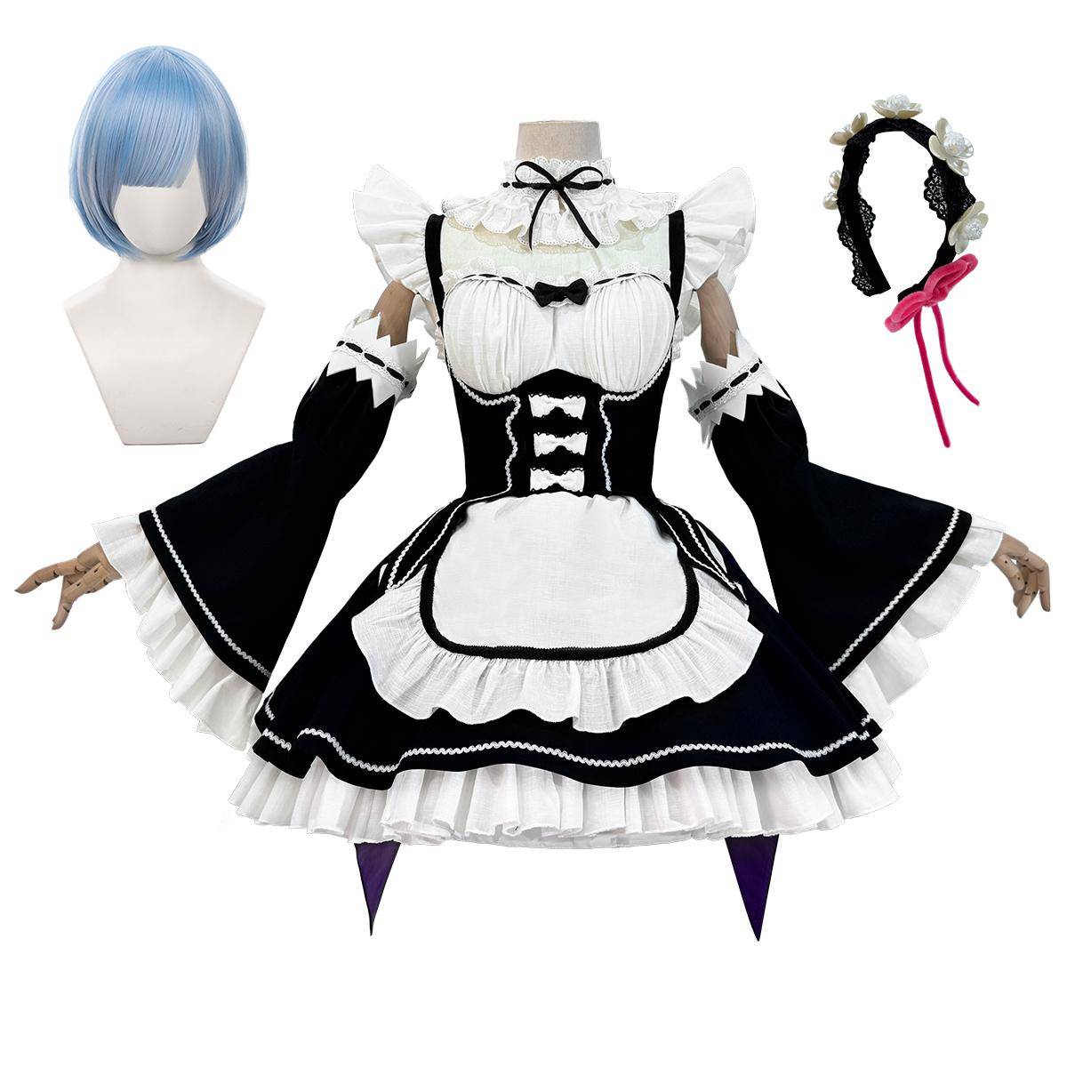 HOLOUN Zero Anime Rem Cosplay Kostym Peruk Lolita Städare Klänning Svart Vit Halloween Jul cm vit
