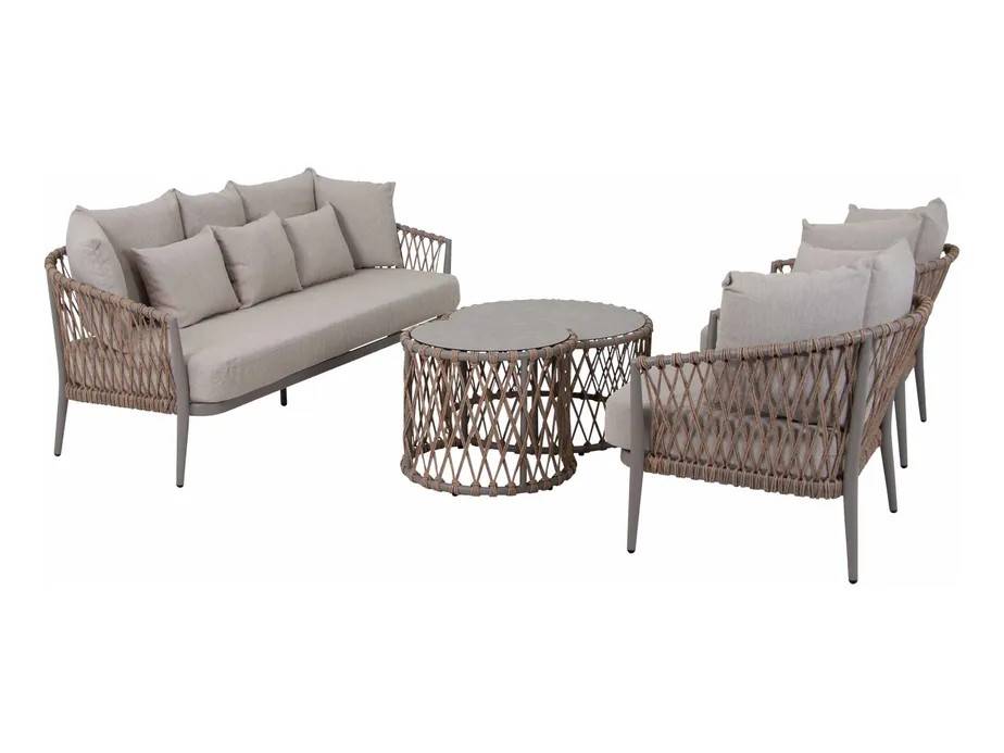 Selected Exclusive Lerkil soffgrupp Khaki/natur med taupe dyna 3-sitssoffa, 2 fåtöljer & bord 51 x H40 & 71 x H40 cm