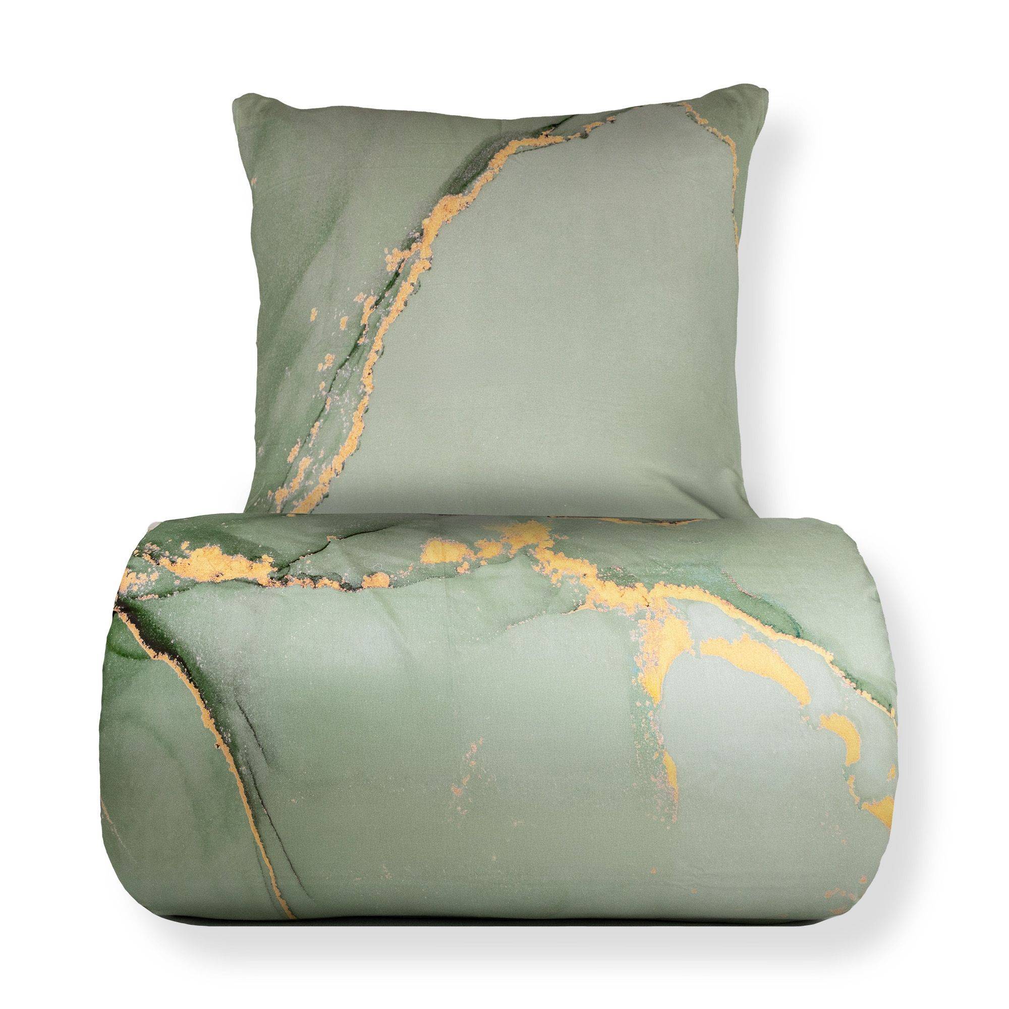Dobbelt sengetøj 200x220 cm - 100% Bomuldssatin - Vendbart støvet grønt marmoreret design