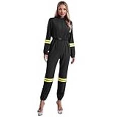 winying Vuxen sexig brandmanskostym med bälte, kvinnor, en del, reflekterande overall, långärmad jumpsuit, utklädningsset, svart, XL