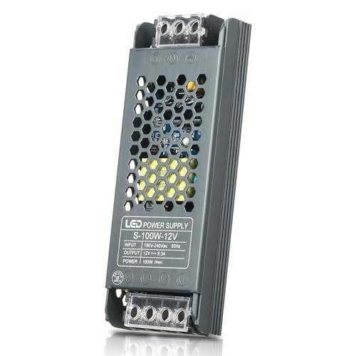 Neoglint Strömförsörjning 12V 100W, Tunn Transformator AC 190V-240V till DC 12V 8,3A, LED-strömförsörjning 12V med Aluminiumlegeringshölje, LED-transformator 12V för LED-rem-13,9*5,0*2,3cm