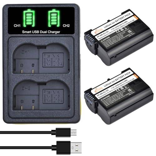 Pickle Power EN-EL15 EN-EL15C batteri och LED dubbel laddare för Nikon Z8, Z7 II, Z7, Z6 II, Z6, Z5, D850, D810, D800, D780, D750, D600, D610, D500, D7000, D7100, D7500, D7200, D800E, V1-kamera