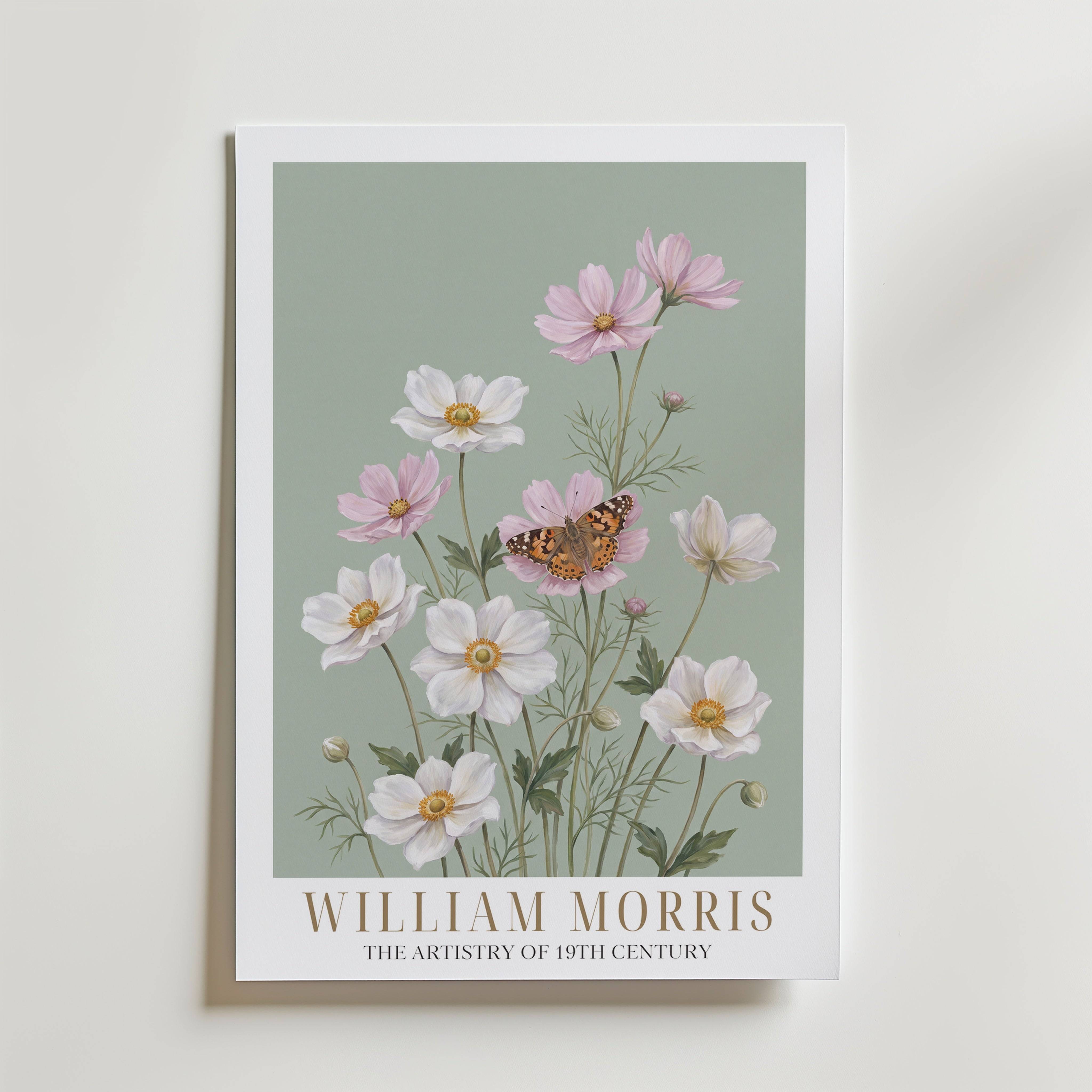 William Morris Anemones and Painted Lady Poster - Premium Canvas 70x100 cm Med passepartout