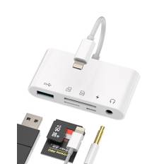 Kortläsare adapter för Iphone (5-i-1) 3,5 mm hörlurar, TF+SD-kortläsare, USB Lightning snabbladdare, distributör OTG aux audio micro SD-kortläsare, minneskort, laddningskabel, tillbehör för Apple Ipad