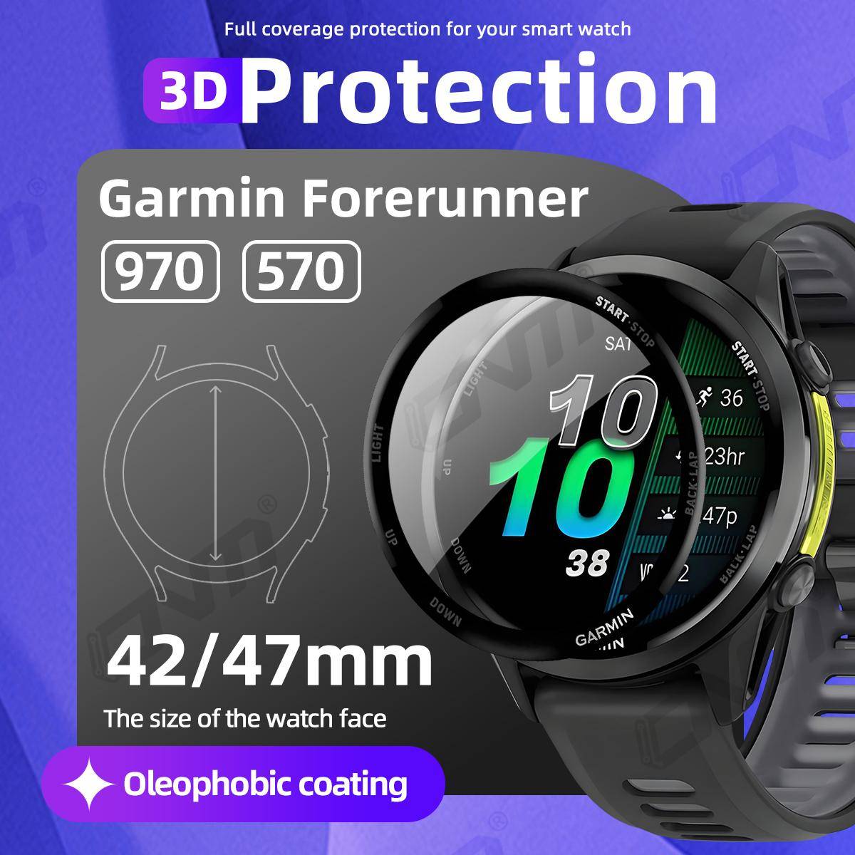 3D Skyddsfilm för Garmin Forerunner 970 570 42mm 47mm Skärmskydd, Heltäckande Reptålig Bubblfri Tillbehör