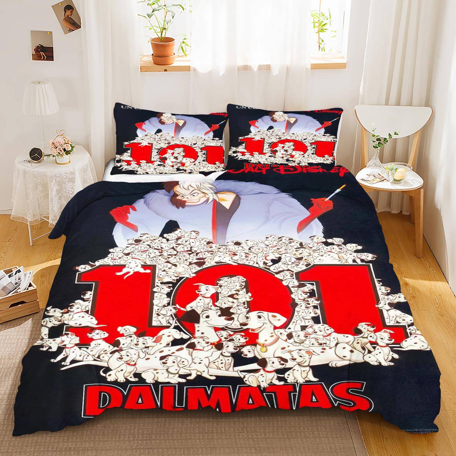 101 DALMATINER Anime Tecknad Cruella Påslakan Tryckt Täcke 100% Polyester Värme Sängkläder Varm Påslakan