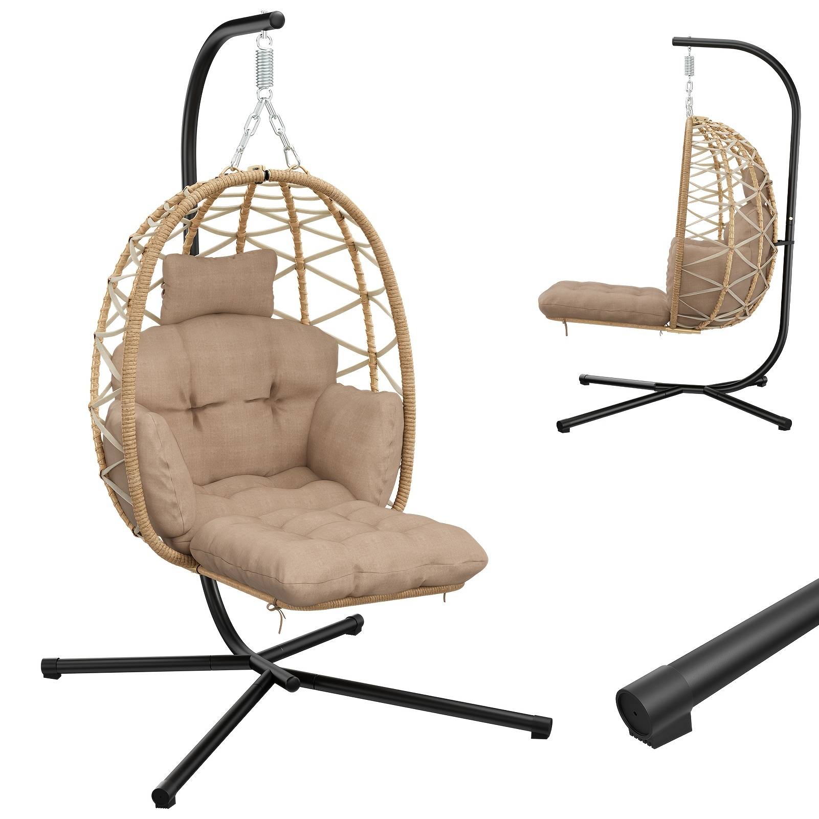 Detachable Stand For Hanging Egg Chair, Indoor And Outdoor Rattan Swing Chair With Natural Linen Cushion And Headrest, Heavy-duty Leisure Chair For And Gardens