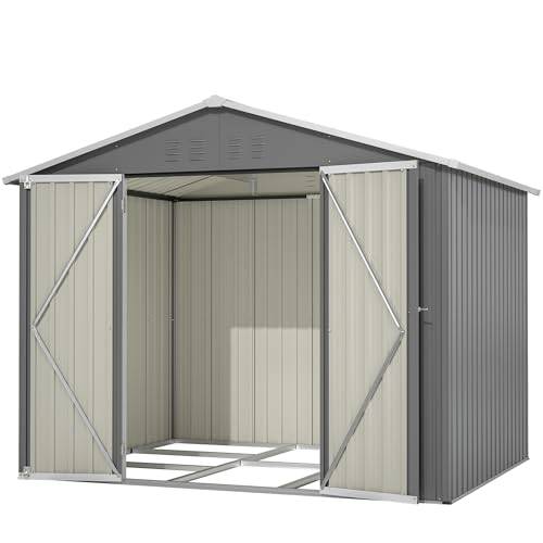 Thanaddo 8×6ft Gerätehaus Metall Groß Geräteschuppen 240x192x191 cm mit Fundamentrahmen, Wetterfest Gartenhaus mit Satteldach & Abschließbarer Tür, Gartenschuppen für Outdoor Garten Hinterhof, Grau