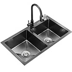 Black Nano Kitchen Book Sink 304 Stainless Steel Double Bowl Bar Sink Multi-function Household Dish Sink With Pull Type Tap And Mounting Components Drop In Or Under Mount