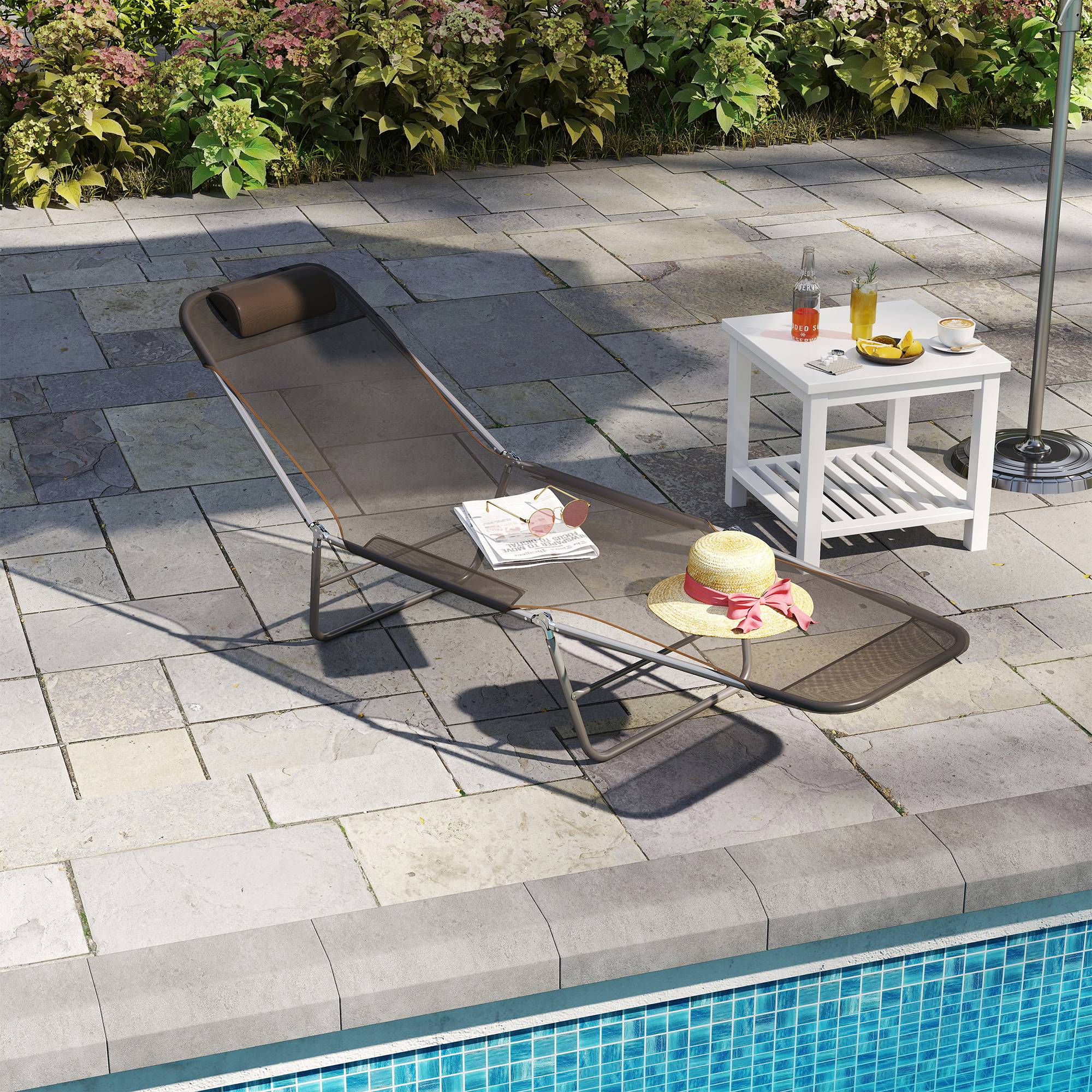 Liggestol, havestol, afslapningsstol, 2-benet liggestol, brun, foldbar til have og terrasse, vejrbestandig og komfortabel.