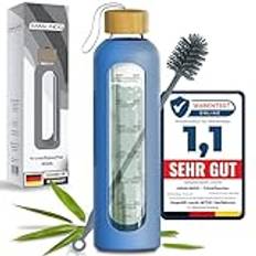 Amalindo Vattenflaska 1 l glas okrossbar, vattenflaska 1 l, glasflaska 1 liter, drickflaska glas 1 l, vattenflaska 1 l, 1 liter drickflaska, diskmaskinssäker, blå