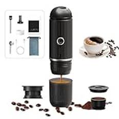 2-i-1 elektrisk bärbar espressomaskin, 7500mAh Travel Camping kaffebryggare, 19bar High Presseur Rich Crema, bilkaffemaskin med självuppvärmning, kompatibla kapslar och kaffepulver black