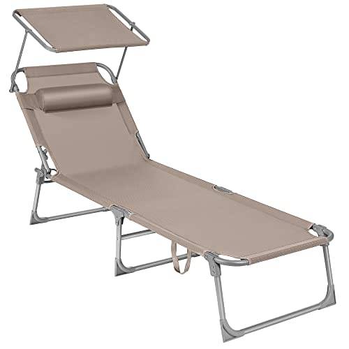 SONGMICS Sun Lounger, Sunbed, Reclining Sun Chair, with Headrest, Adjustable Backrest, Sunshade, Lightweight, Foldable, 53 x 193 x 29.5 cm, Load Capac