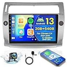 2+64GB Android 13 Car Radio for Citroen C4 2004-2009 / C-Quatre 2008-2011 Radio Wireless Carplay Android Auto, 9 Inch IPS Touch Screen with Rear Camera, Bluetooth, Navi, WiFi, DSP, EQ, Mirror Link