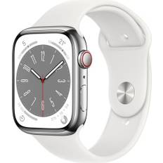 Apple Watch Series 8 Rostfritt stål 45 mm (2022) | GPS + Cellular | silver | Sportband vit