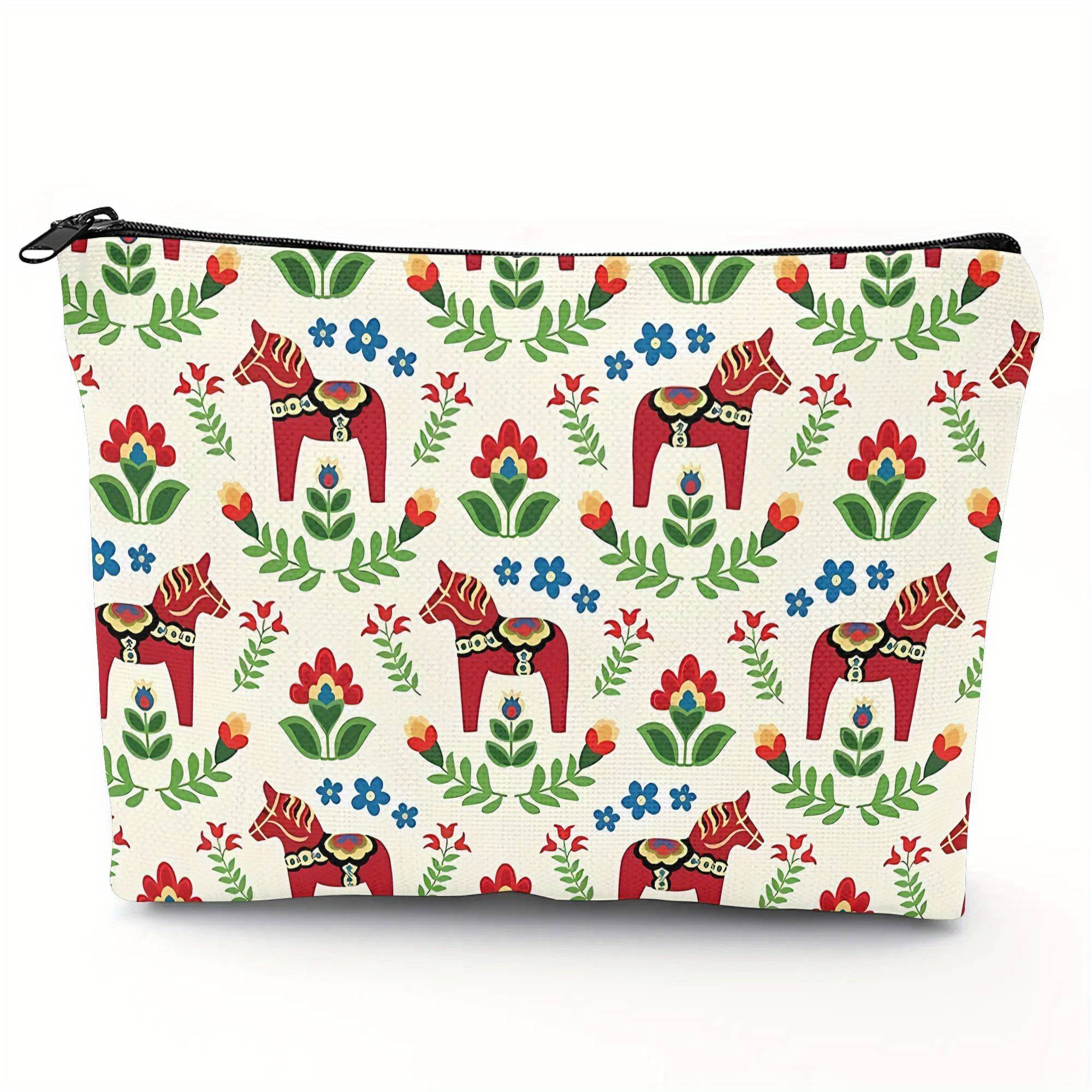 TEMU Zlienszus Swedish Red Gift Everyday Makeup Bag - Durable Polyester, Hand Washable, Vibrant Floral Pattern, Office, & Daily Use