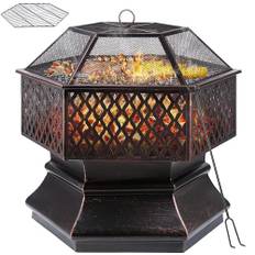 Eldskål, eldskål med gnistskydd, eldskålar för trädgården, eldkorg med grillrost, sexkantig eldstad utomhus med förklädeskrok, kolgaller, fast och stabil, 71 x 71 x 63 cm för uppvärmning/BBQ