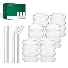Räfflade glasburkar (350 ml x 6) cocktailglas vågformade vattenglas dryckesburkar juiceglas dricksglas av glas för vattendryck juice, universalglas med glassugrör och borstar