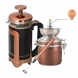 La Cafetière Roma 8 Kop. Stempelkande Kobber Inkl. Manuel Kaffemølle & Mælkeskummer