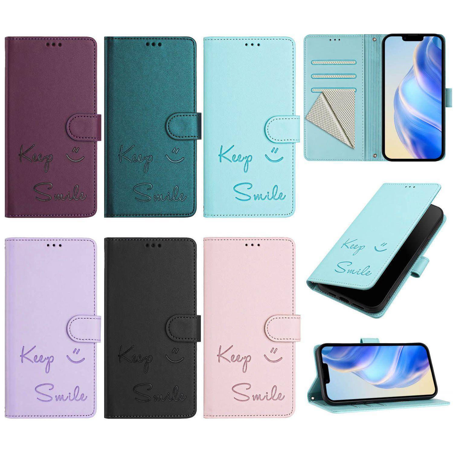Leather Wallet Flip Case For OPPO A6 A5 Pro A6X A5X A3 A3X A1 A1X 4G 5G Keep Smile Embossed Design with Wrist Strap violett