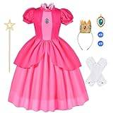 Aomig Princess kostym för flicka, 6 st Pink Princess Dress Up med kronörhängen Handskar Brosch & Wand, Pink Princess Outfit, Kids Princess Klänning för Cosplay Halloween