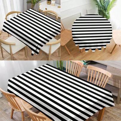 1st svart och vitt geometriskt randigt mönster duk, modern polyester rektangulär/rund vattentät duk, digitalt tryck lämpligt för vardagsrum, matbord u (140x180 cm,100x140 cm,140x140 cm,152 cm rund,140x220 cm,10 st 140x180 cm)