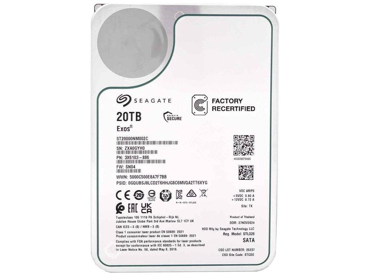 Harddisk 3,5" Seagate Exos 20 TB SATA 7200 rpm - Factory Refurbished