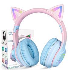 AXFEE Bluetooth barnhörlurar, LED upplysta kattöron trådbunden/trådlösa hörlurar, HD stereoljud, 10 H speltid, hopfällbara barnhörlurar för PC telefon iPad arbetsrum resa skola, 105 dB