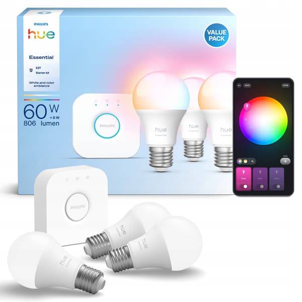 Philips Hue Essential E27 806 lm Bluetooth-sæt 3 pærer + bro 1 stk.