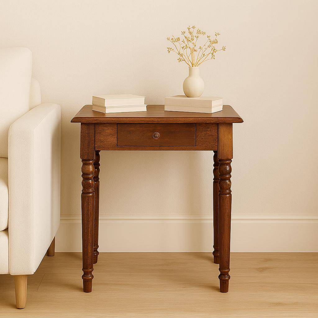 Solid Mango Wood Writing Desk with Hand-finished Grain and Drawer, Bedside Cabinet for Neat Storage, 35L x 60W x 78H cm, Dark Brown Aosom UK