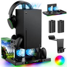 MENEEA Upgrade-Lüfter-Typ Dual Ladeständer für Xbox Series X Konsole Controller, Kühler Ladestation System für Serie X mit 15 RGB Lichtern,2 x 1400mAh wiederaufladbare Batterie,Disc Zubehör Lagerung