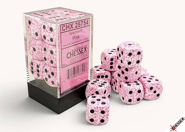 Dice - Terningesæt - 12 terninger - Speckled Dice Block D6 (6 sidet) 16mm: Pink