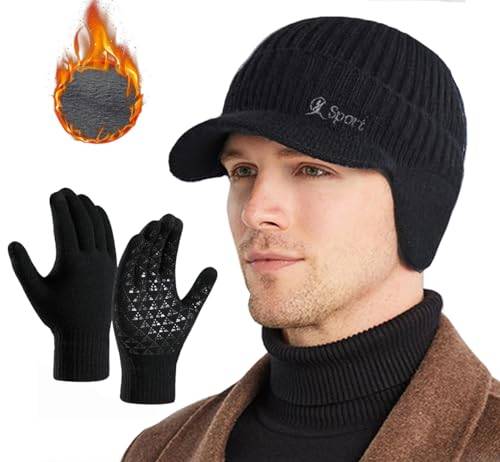 Rayson Vintermössa herr beanie hatt handskar set varm vintermössa med öronlappar stickad öronflik hatt vintermössa män pekskärm körhandskar, svart, one size