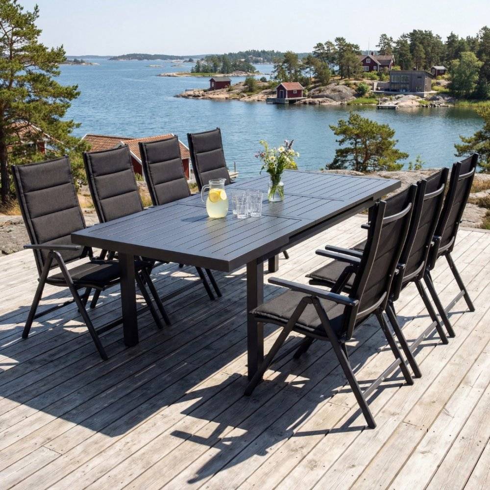 Förlängningsbart bord i aluminium 180-240cm | 8 positionsstolar | Ljusterö