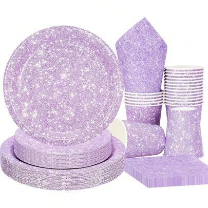 10 st/50 st/80 st lila glittrande papperstallrikar, muggar och servetter, K-Pop lila engångsserviser för fest, födelsedag, kvinnor, flickor, bröllop o - Multifärgad (Multi-size)