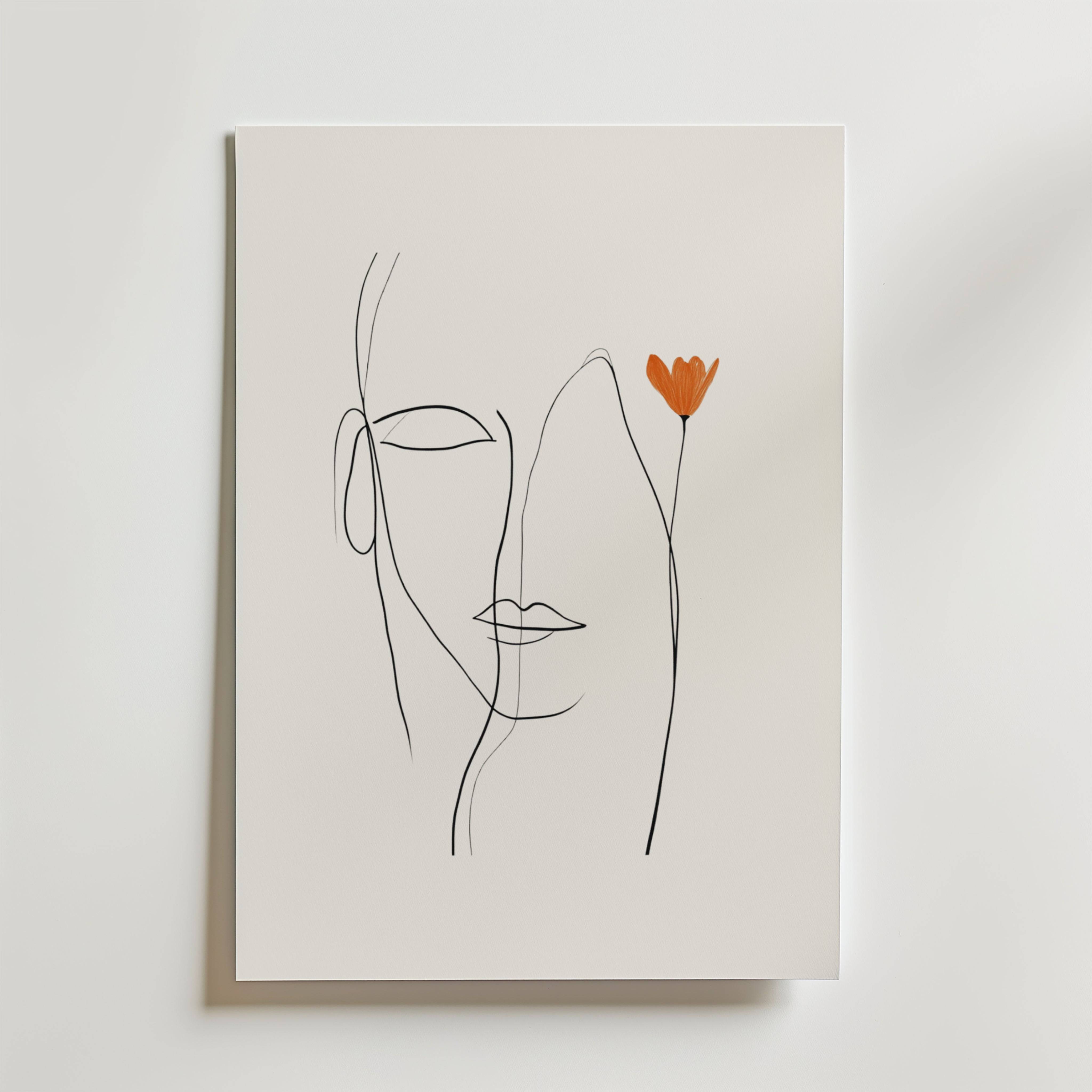 Orange Flower Line Face Poster - Premium Canvas 100x140 cm