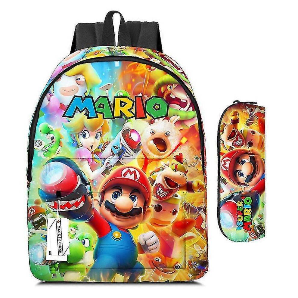 (C) Kids Boys Girls Super Mario Bros Print Backpack Rucksack Large Capacity School Bags Pencil Case-L