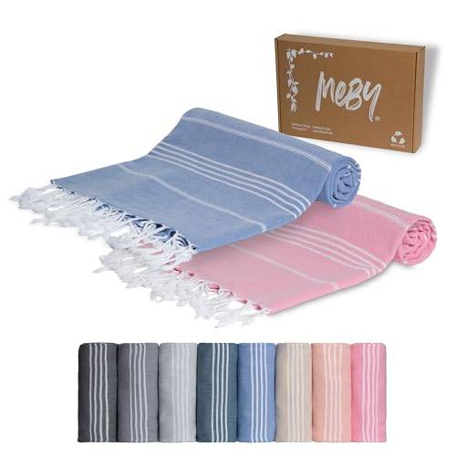 MEBY Set med 2 XXL bastuhanddukar (100 x 200 cm) Strandhandduk, badhandduk, turkisk hamamhandduk, handduk. 100 % bomull (rosa & blå)
