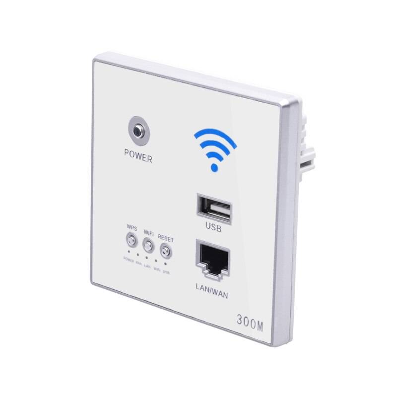 300 mbps väggrouter 110v/220v kraft ap relä smart trådlös wifi repeater extender vägg inbäddad 2.4 ghz router panel usb-uttag - Vit