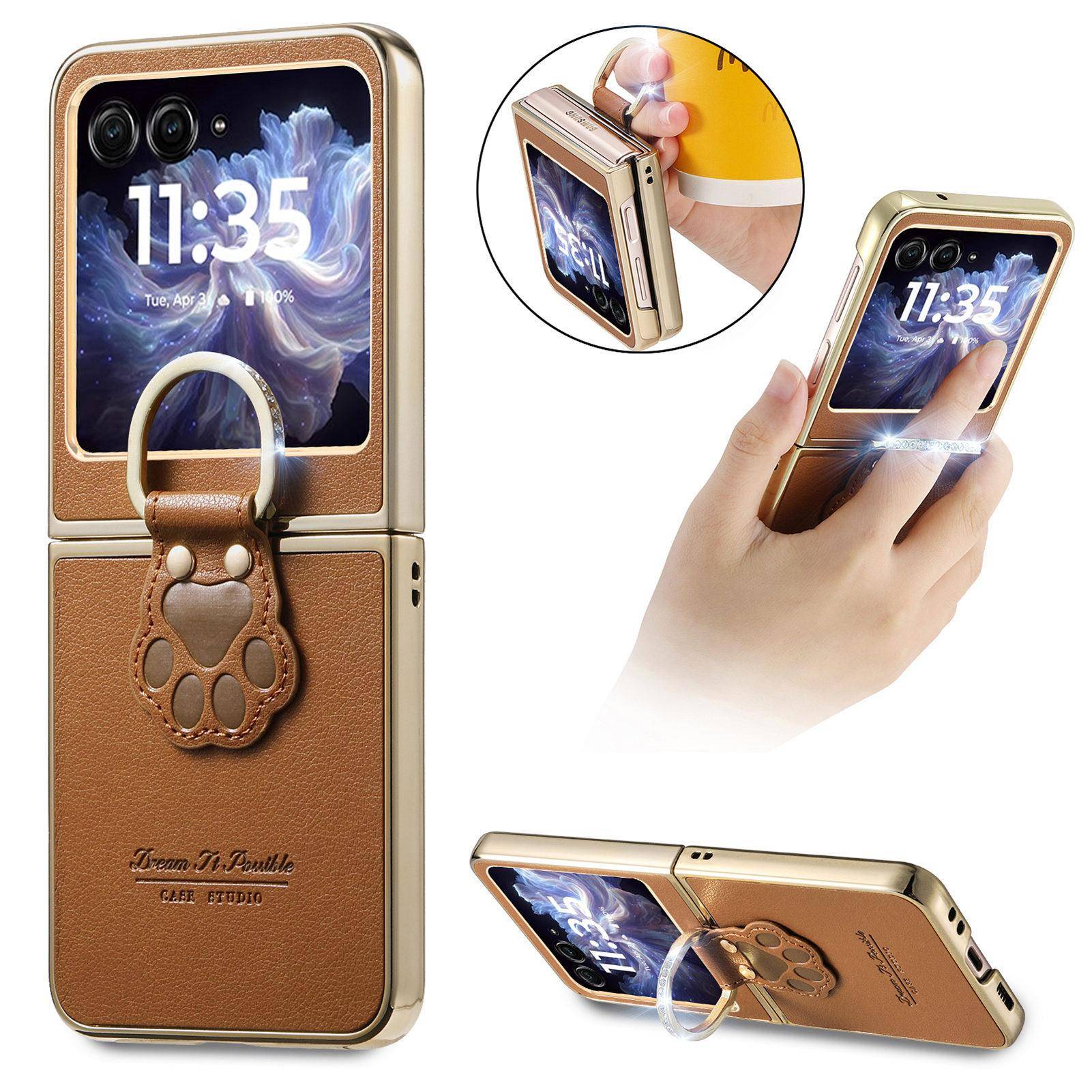 PU-läderfodral för Motorola MOTO Razr 70 Ultra 2026 2026 Razr 60 50 5G 2026 Razr70 Razr60 Razr50 Hållare med Ring Skydd Capa brun