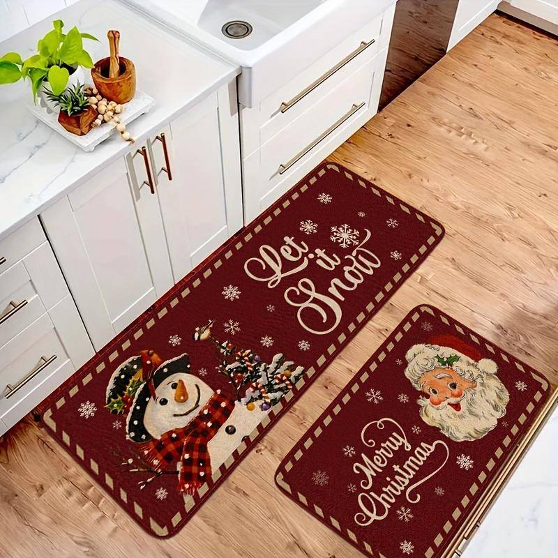 Festive Christmas Kitchen Rugs with Santa Snowman & 'Let It Snow' Design - Machine Washable Durable Perfect for Holiday Decor 2pc-40x60-40x120