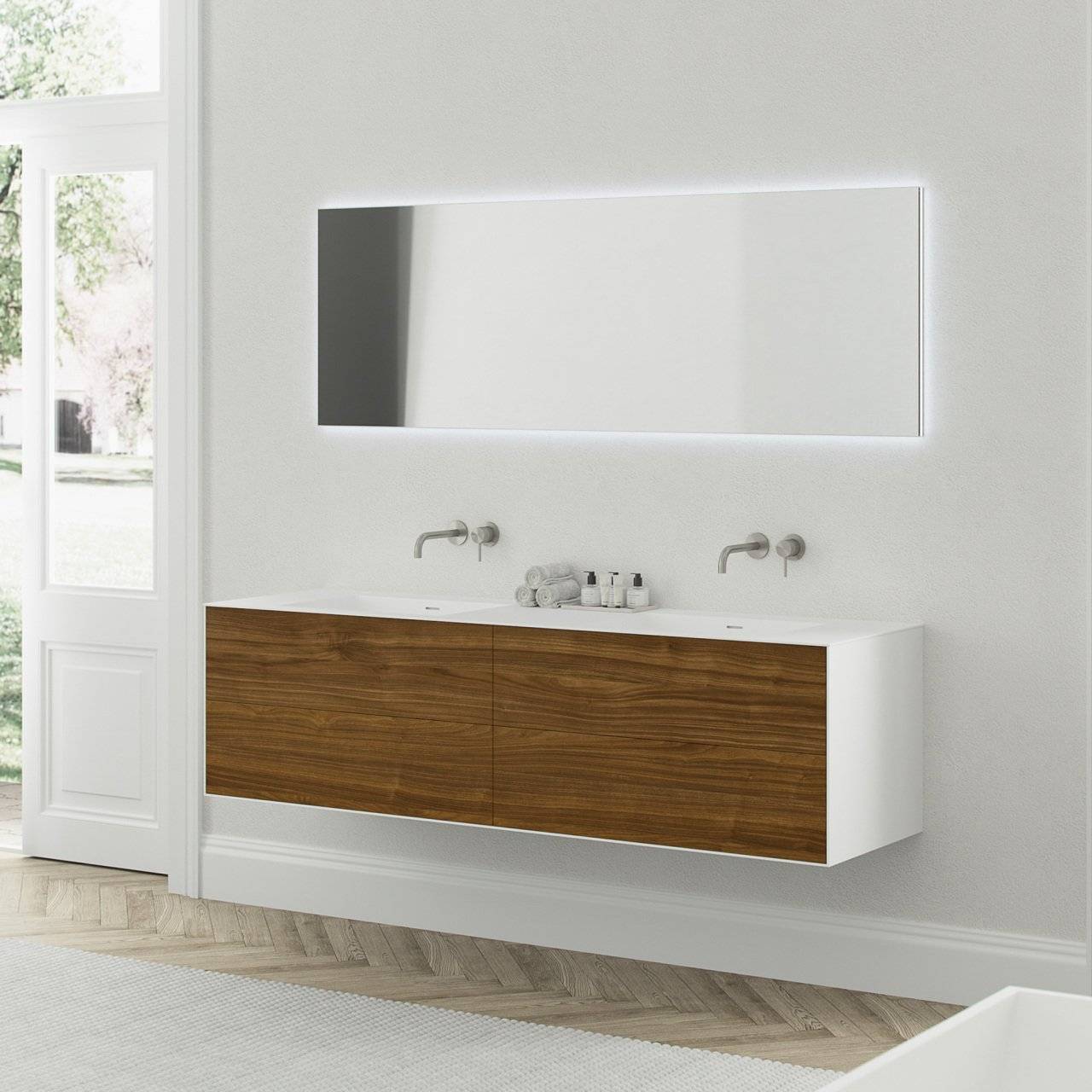 Copenhagen Chic 180D - MKII Glacier White Corian® m/American Walnut Badeværelsesmøbel - fra Bad&Stil.