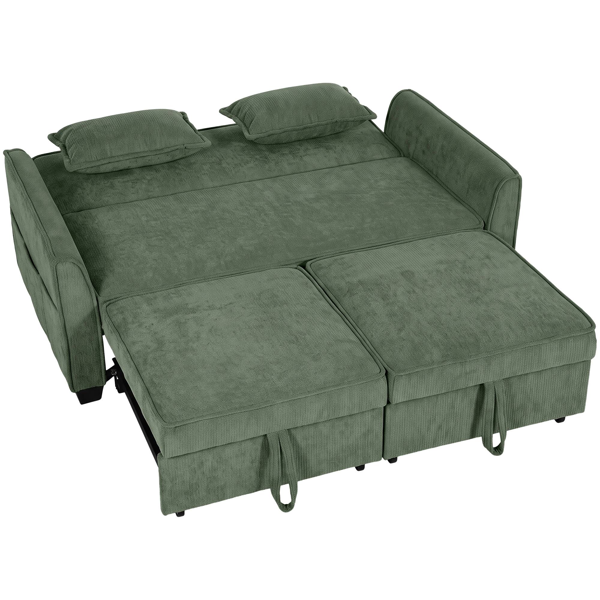 HOMCOM 2 Seater Sofa Bed, 4-in-1 L-Shaped Convertible Pull-Out Sleeper Sofa with Adjustable Backrest Side Pockets, Dark Green